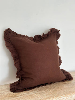 Hallie Ruffled Linen Cushion Cover | Dark Brown