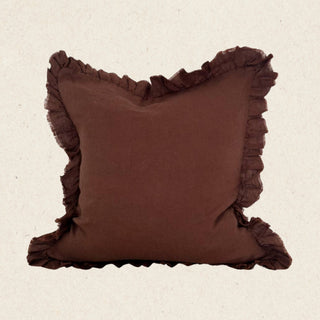 Hallie Ruffled Linen Cushion | Dark Brown