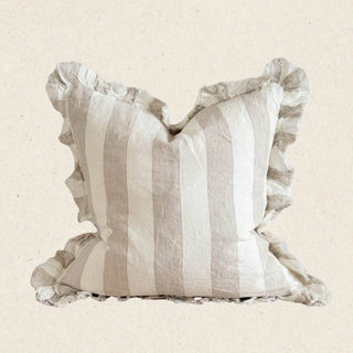Hallie Ruffled Linen Cushion | Beige & Cream Wide Stripe