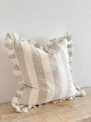 Hallie Ruffled Linen Cushion Cover | Beige & Cream Wide Stripe