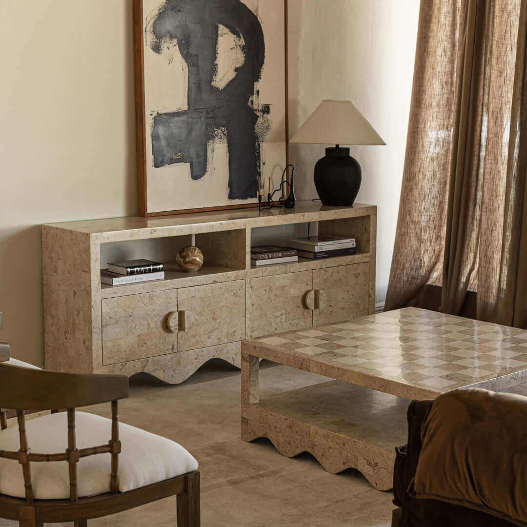 Sable Coffee Table, Cream Stone Coffee Table En Gold