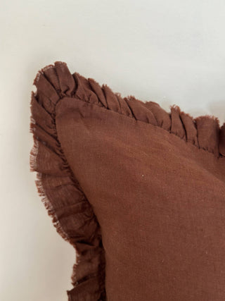 Hallie Ruffled Linen Cushion Cover | Dark Brown