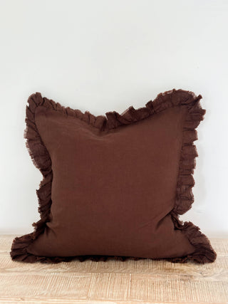 Hallie Ruffled Linen Cushion Cover | Dark Brown