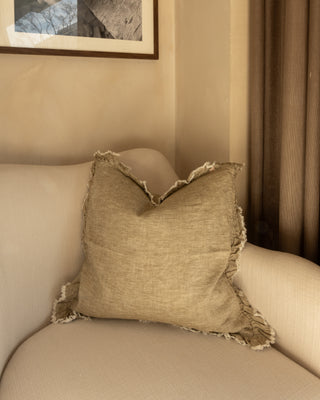 Hallie Ruffled Linen Cushion | Washed Olive