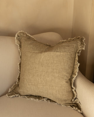 Hallie Ruffled Linen Cushion | Washed Olive