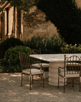 Aveline Chair, powder-coated iron with linen seat cushion, lifestyle