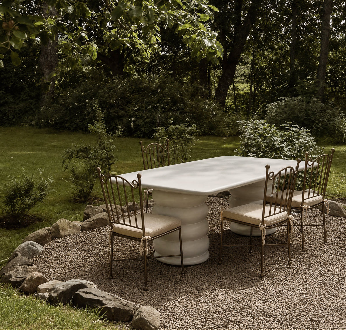 Aveline Chair, powder-coated iron with linen seat cushion, lifestyle