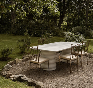 Aveline Chair, powder-coated iron with linen seat cushion, lifestyle