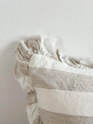 Hallie Ruffled Linen Cushion Cover | Beige & Cream Wide Stripe