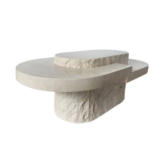Arena Table in Spanish Beige Marble, angled view of the layered top and tiled base