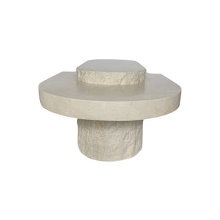 Arena Table in Spanish Beige Marble, end view showing the raised top tier