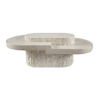 Arena Table in Spanish Beige Marble, front view of the stepped slab top and rough stone tile base