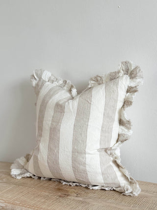 Hallie Ruffled Linen Cushion Cover | Beige & Cream Wide Stripe