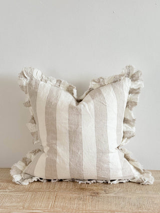Hallie Ruffled Linen Cushion Cover | Beige & Cream Wide Stripe
