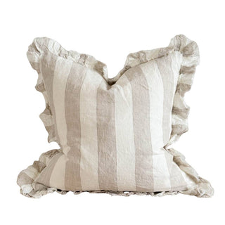 Hallie Ruffled Linen Cushion Cover | Beige & Cream Wide Stripe