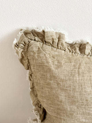 Hallie Ruffled Linen Cushion Cover | Washed Olive