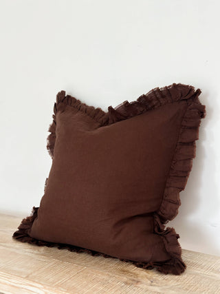 Hallie Ruffled Linen Cushion Cover | Dark Brown