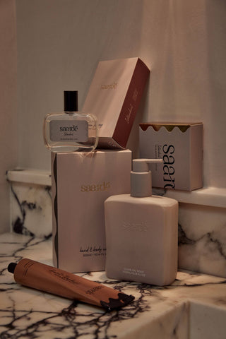 Saardé hand and body wash collection on a marble vanity
